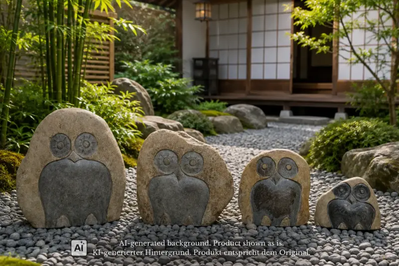 Product image of the product “Owl sculpture made of riverstone, stylized design with carved eyes and smooth natural stone surface, H. approx. 50 cm. ”